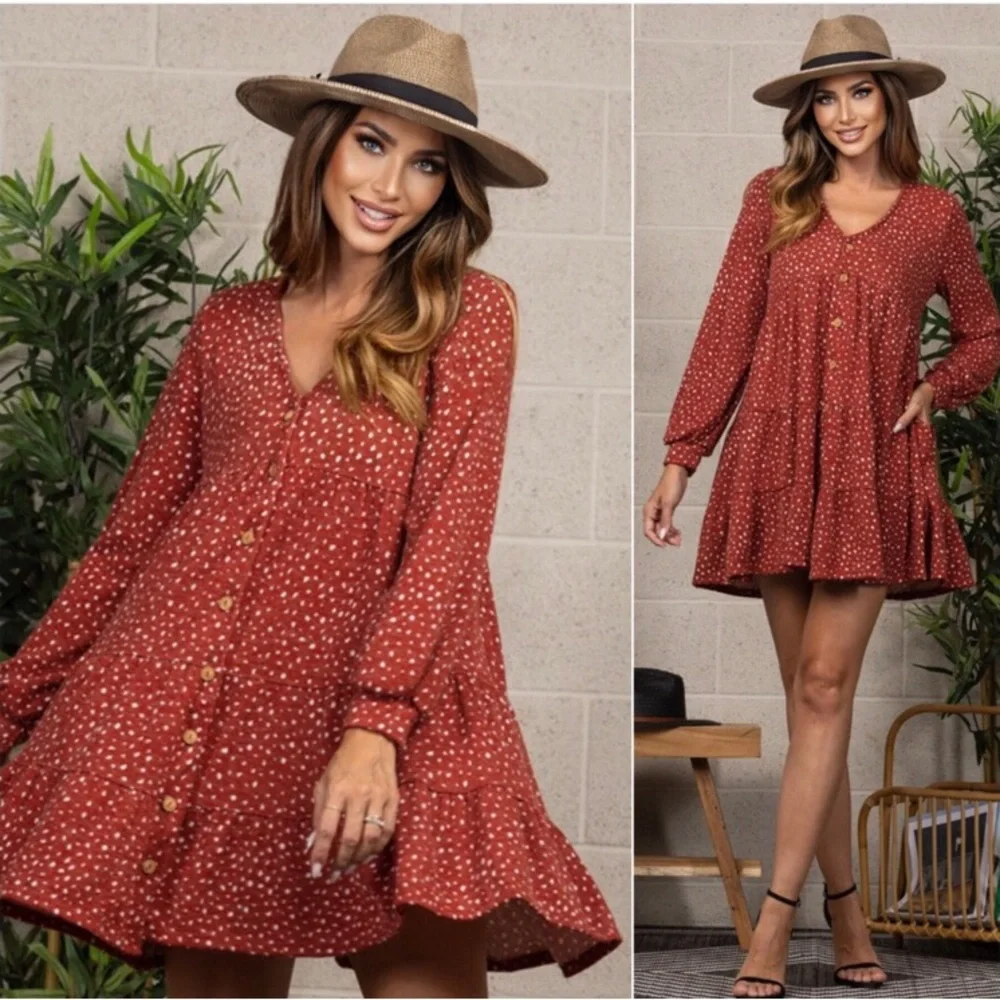 USA Made Women’s fall brick red & rust babydoll flowy cute comfy fall dress - Picture 1 of 2